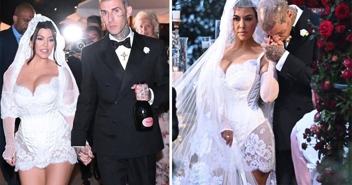 Kourtney Kardashian Stuns In A Lingerie Inspired Dress For Her Third Wedding With Travis Barker