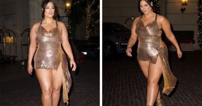 Ashley Graham Shimmers In A Tiny Golden Dress And $6000 Heeled Boots